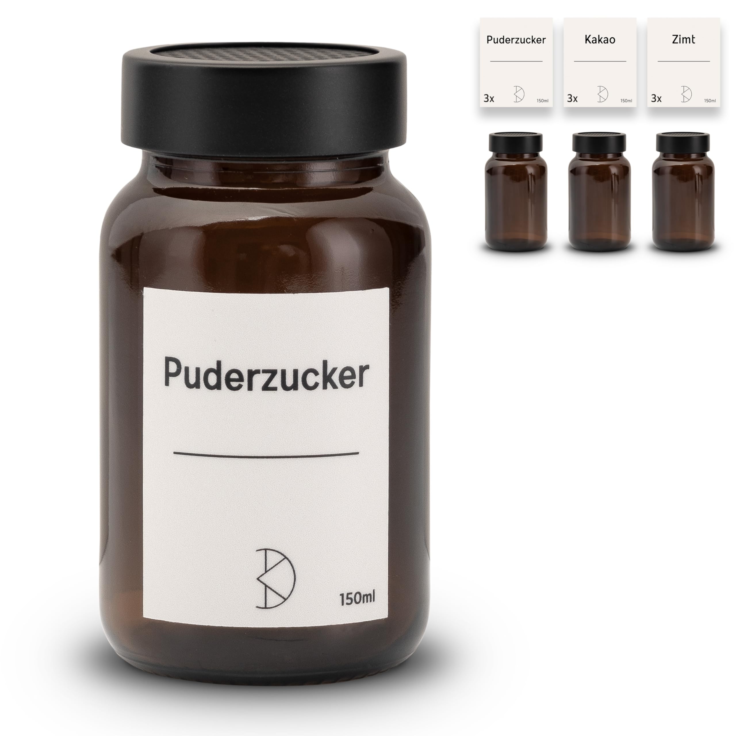 Lot de 3 saupoudreurs de cacao et de sucre glace en verre marron avec embout en acier inoxydable - Doseur de poudre de cacao, cannelle et sucre poussiéreux - 150 ml - Avec autocollants