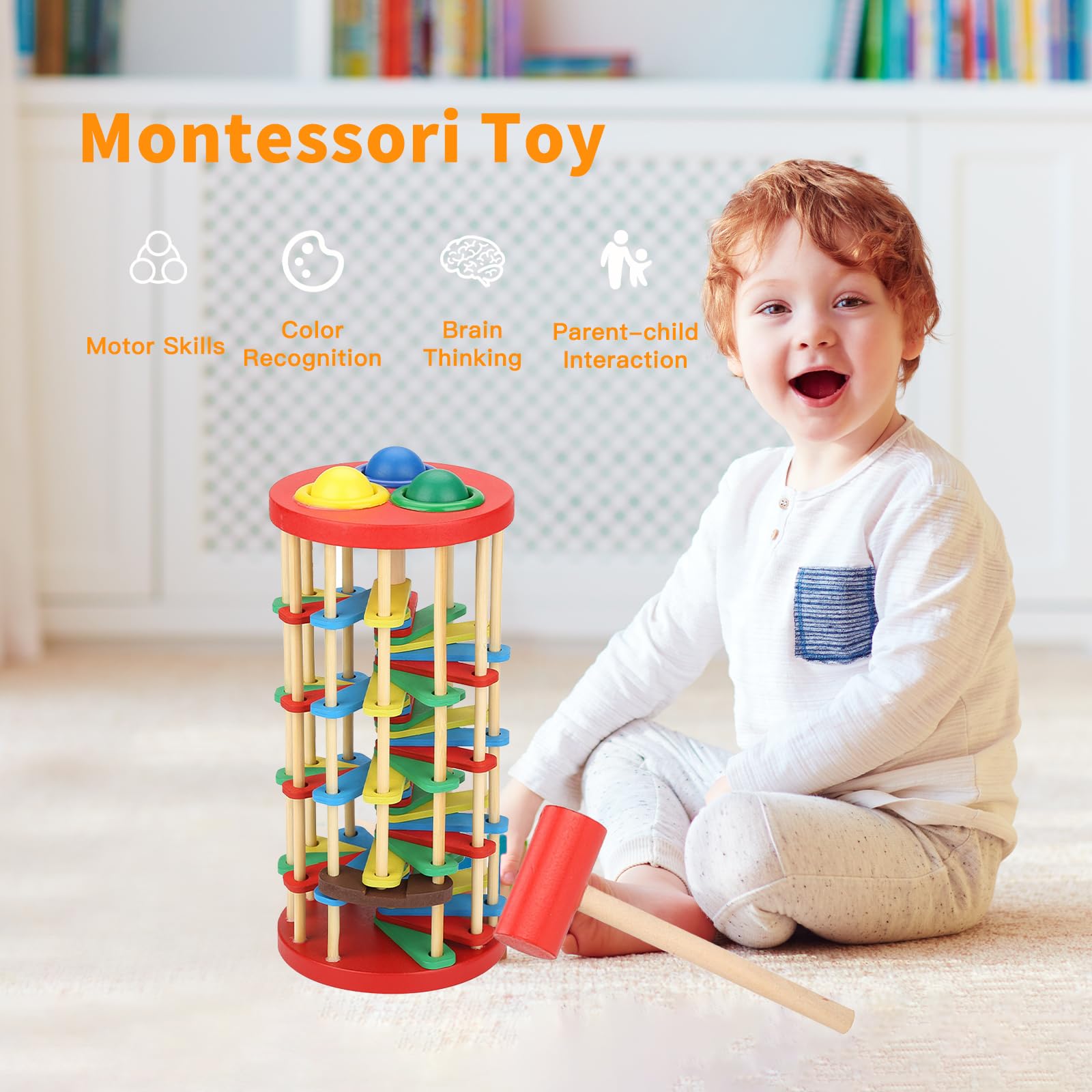 Gonetre Colorful Wooden Knock Ball Ladder Ball Drop Toy Hammering Pounding Development Toy Kids Children Toddler Preschool Montessori Toys for 3 4 5 6 7 Year Old Boys Girls - Image 2