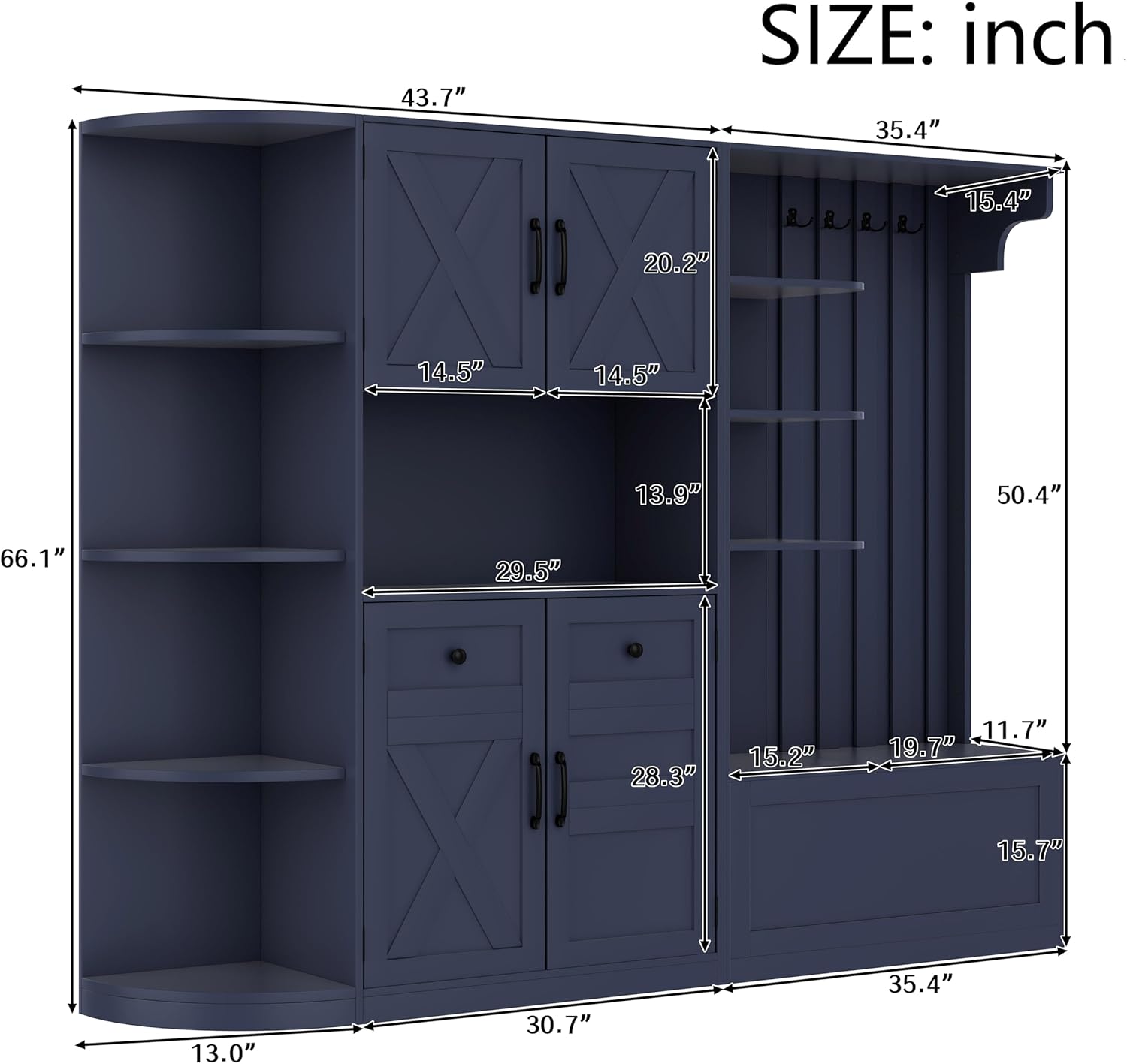 Multifunctional Hall Tree with Shoe Bench & Storage Cabinet,2-in-1 Left-Right L-Shaped Corner Entryway Cabinets with Coat Rack & Open Shelves,Modern Storage Organizer for,Living Room (Antique Blue)