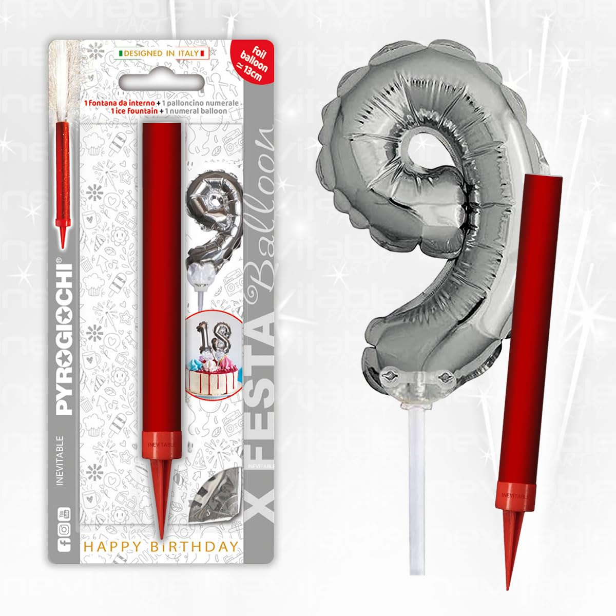 Birthday Cake Topper Decoration - 15cm Ice Founatin with 13cm Silver Number Balloon (9)