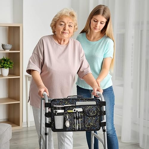 Miniatura 7 de supregear - Bolsa plegable para accesorios para caminantes (doble cara), cesta de andador, gran capacidad, impermeable, con 9 bolsillos y portavasos