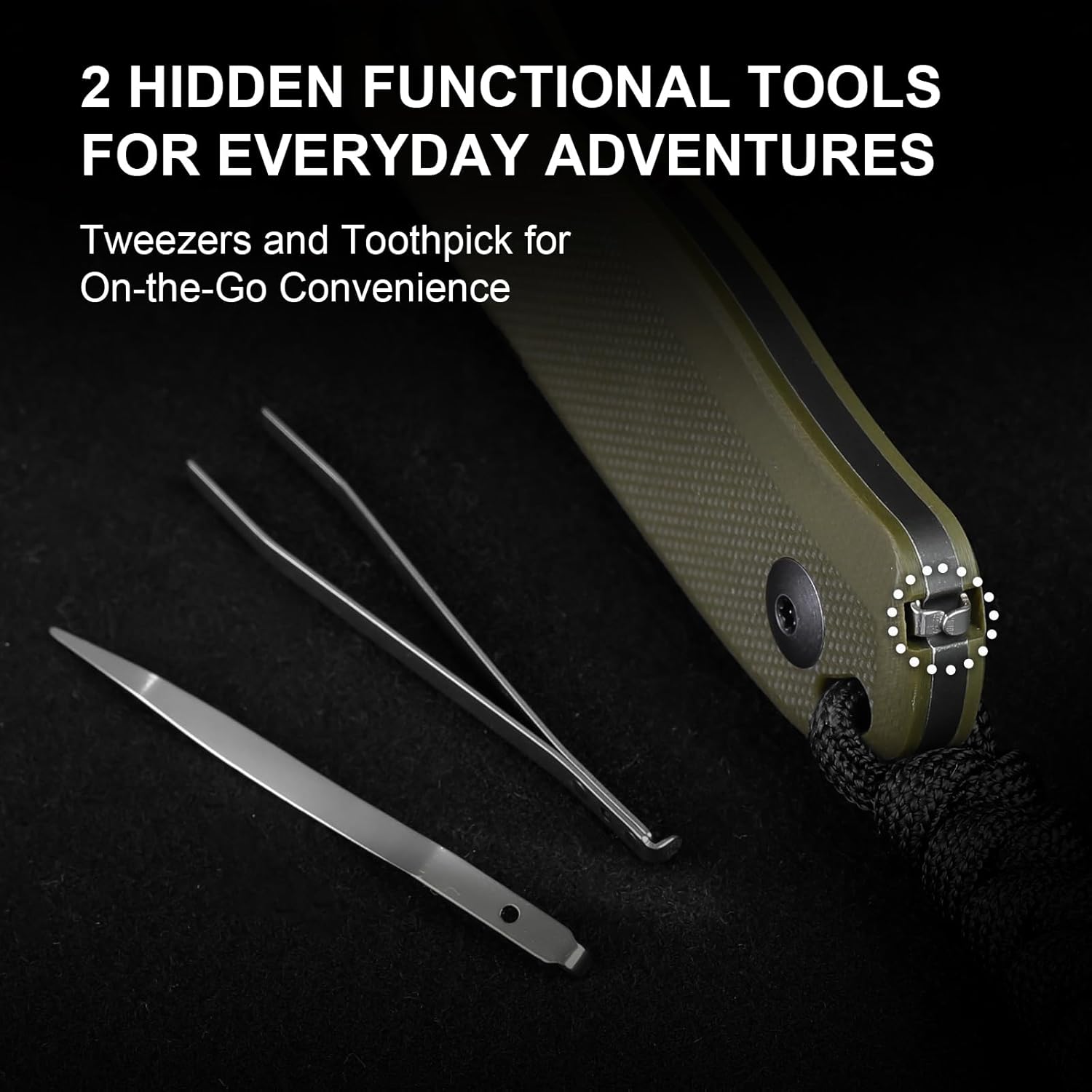 Kizer Drop Bear Fixed Blade Knife, 2.57" Black Stonewash D2 Blade EDC Camping Knife with Olive Green G10 Handle & Hidden Tool, Full Tang Hunting Survival Knives with Adjustable Kydex Sheath, 1094M1 - Image 3