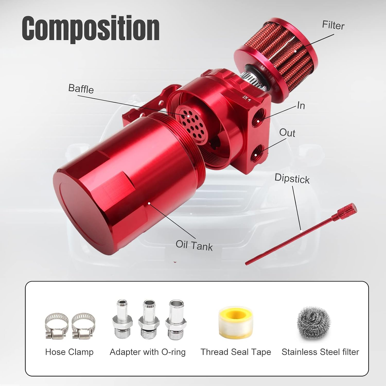 Thick Shell Baffled Oil Catch Can Coolant Fuel Catch Can Reservoir Kit with Breather - Red