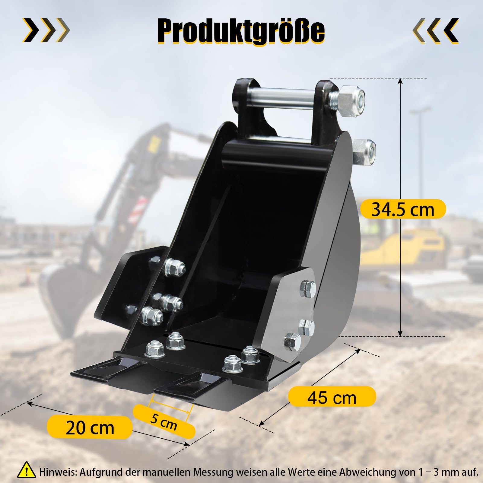 Grabenlöffel 20 cm, Narrow Digging Bucket, Aufnahme 90/25 mm | für Mini Bagger 0,8–1,8 t, Manganstahl verschleißfest, 2 verstärkte Zähne, für Rohrgräben und Landschaftsbau