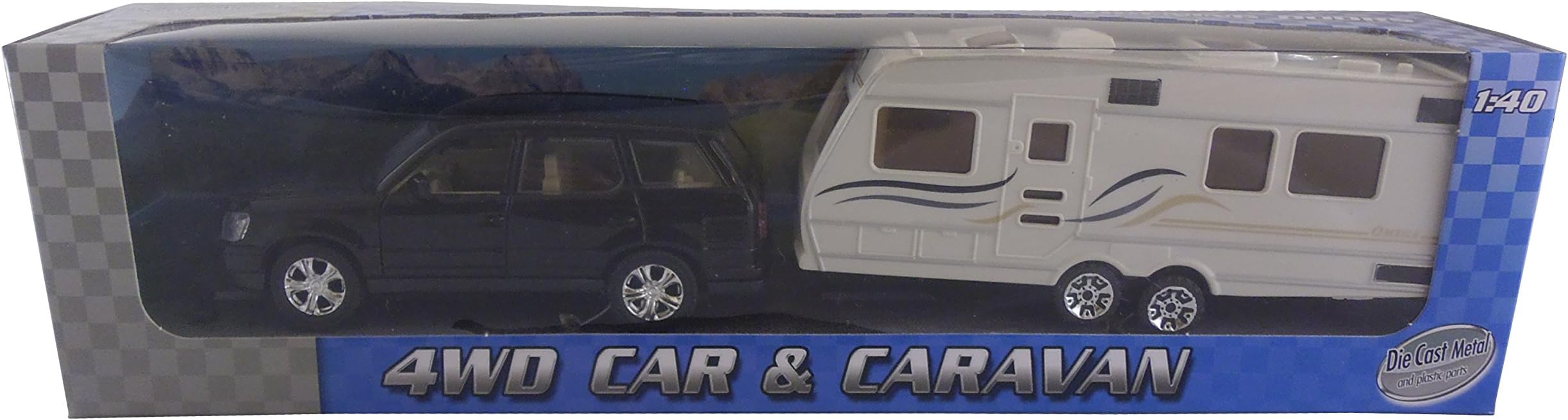TRANZMASTERS Black 4wd Model Car Featuring Opening Doors With Caravan - Diecast + Plastic Model - 1:40 Scale