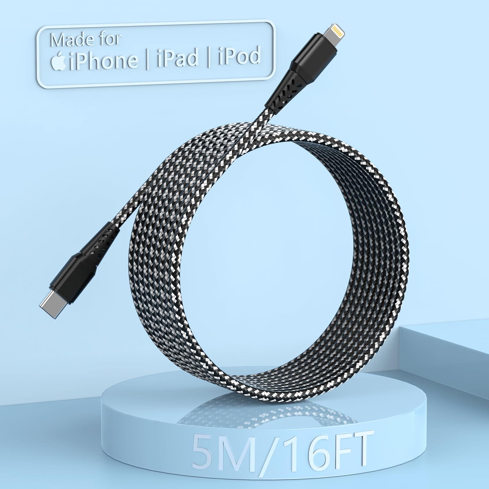 Extra Long iPhone Charger Cable 5M,Apple MFi Certified USB C to Lightning Cable15 ft, iPhone Fast Charging Cord Compatible Apple iPhone 14/14pro/13/12/11/X/XS/XR/XS Max/8/7,iPad