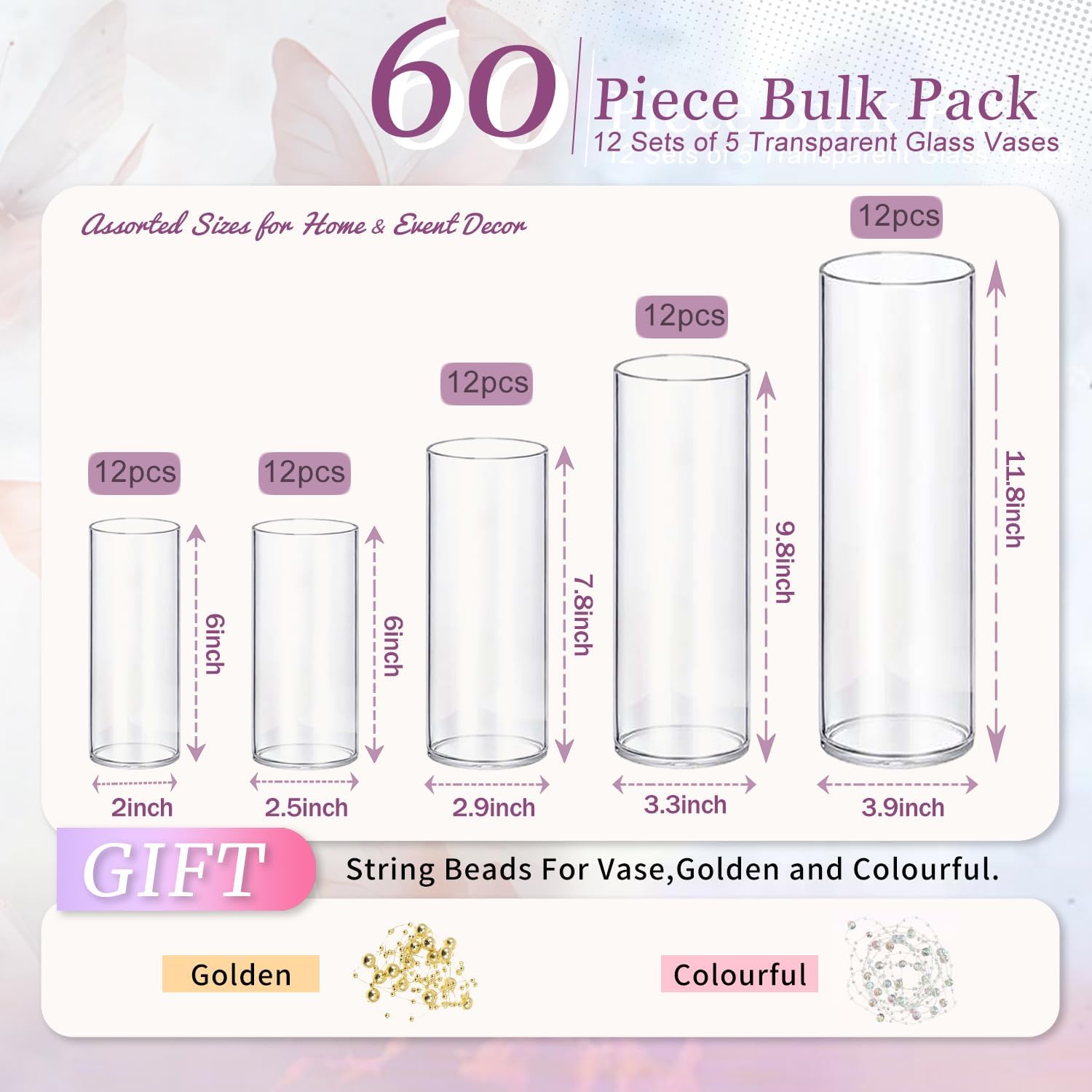 60pcs Glass Vase Cylinder Vases for Centerpieces Small Flower Glass Vases Home Decor Centerpiece Table Clear Flower Vase Decorations for Wedding&Holiday 6,6,7.8,9.8,11.8 Inch Tall - Image 2