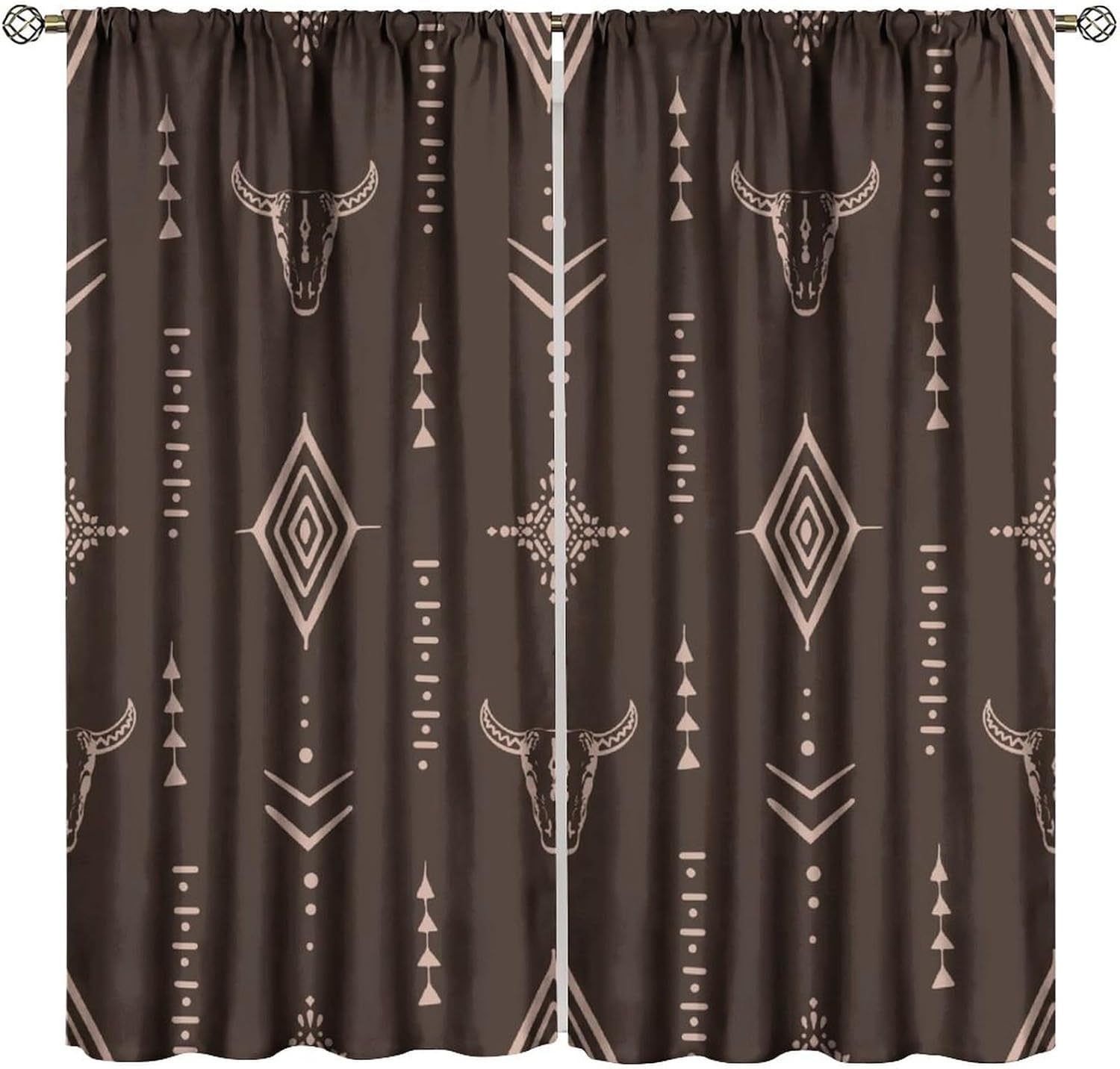 Western Cowboy Blackout Curtains, Boho Southwest Tribal Ethnic Farmhouse Rural County Rustic Retro Bull Skull Art Window Drapes, for Living Room Bedroom 21(W)*45(L) 2 Panels