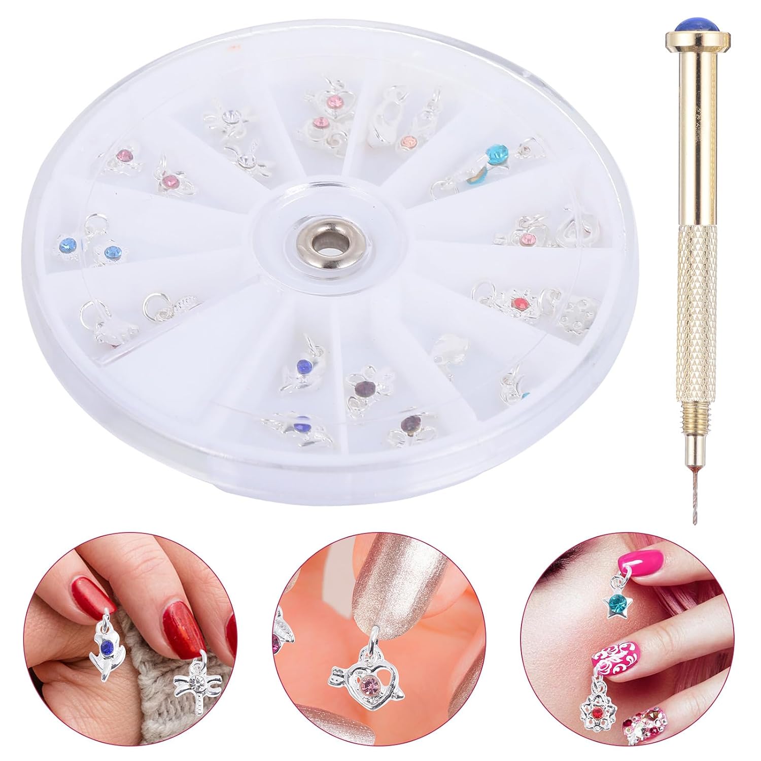 FRCOLOR 48 Pcs Dangle Nail Piercing Charms Set with Nail Piercing Tool Hand Drill, Alloy Jewelry for Art, Home, Salon Use