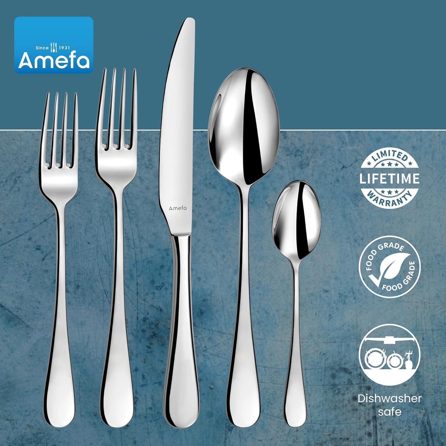 Amefa Venus 20-Piece Flatware, Set for 4 – Stainless Steel Silverware, High-Gloss Mirror Finish, Rust-Resistant Cutlery, Dinner Forks, Knives, Spoons, Salad Forks & Teaspoons for Dining & Parties