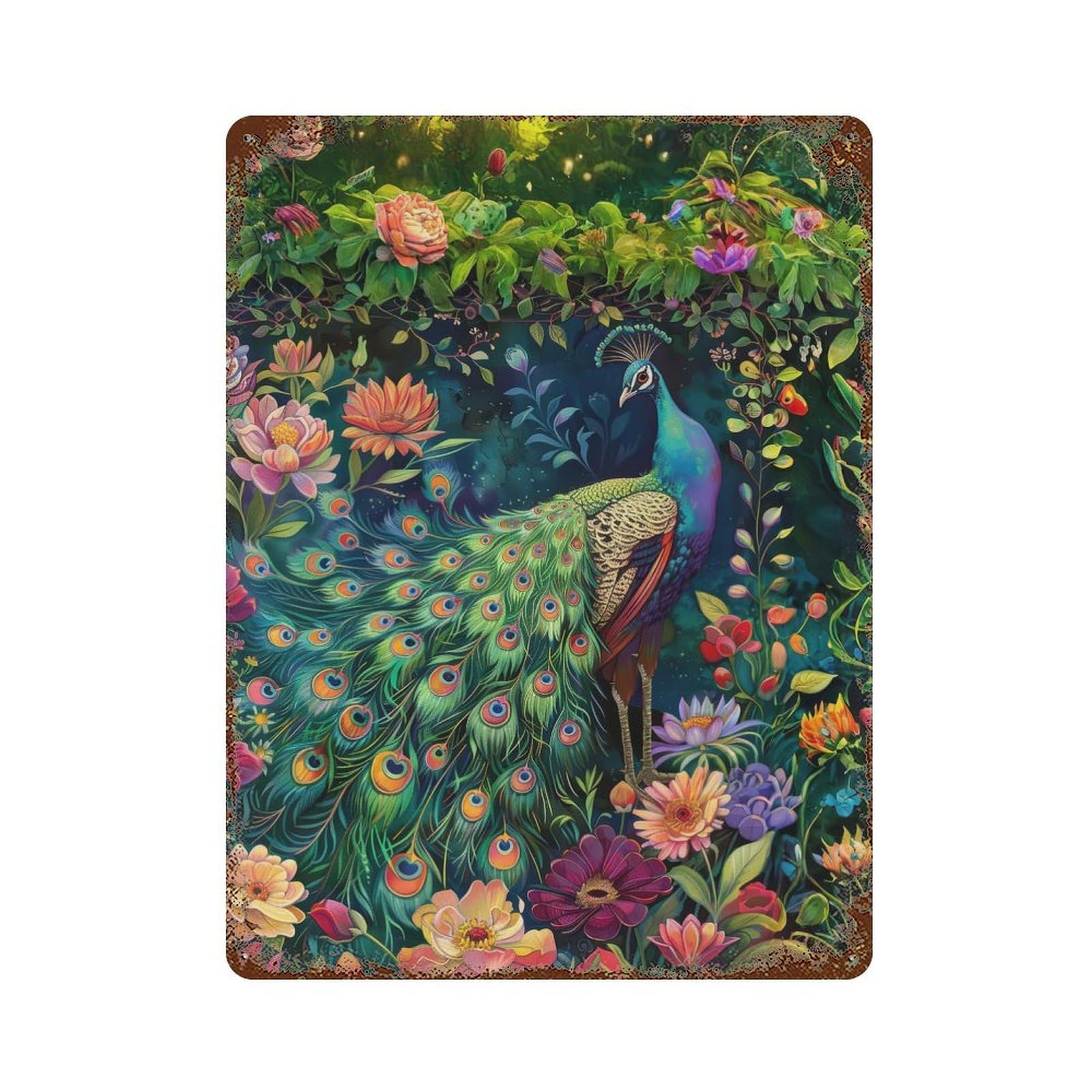Peacock in The Garden Rustic Tin Plaque 15.7"x11.8", for Pub, Kitchen And Man Cave Decor, Vintage Wall Decor