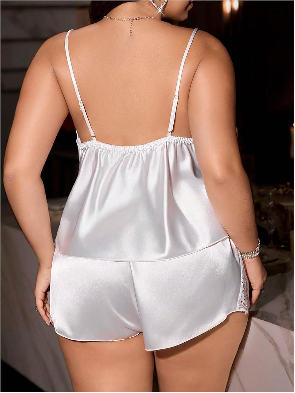 GORGLITTER Women's Plus Size Silk Pajamas Summer Pjs Sets Sexy Pajamas Lace Cami Top and Short Set Lingerie Sleepwear