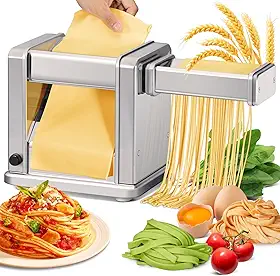 Máquina elétrica de macarrão de aço inoxidável com rolo e cortador ajustável de 7 espessuras e 2 larguras para espaguete, fettuccini, lasanha, massa de torta, bolinho de massa, wonton
