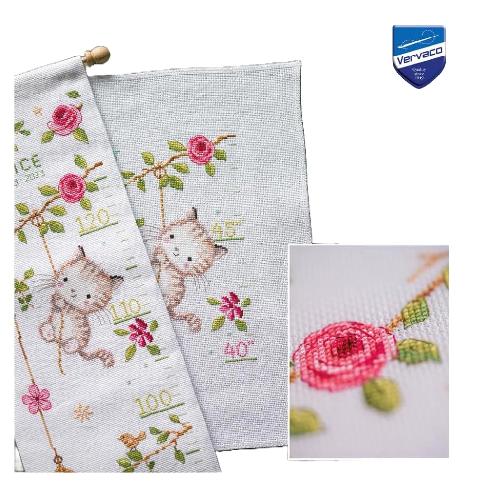 VERVACO Haft Krzyżykowy Liczony Zestaw Miarka Wzrostu dla Dzieci ZUCHWAŁE KOTKI Zrób to Sam Zestaw Kreatywny dla Dorosłych 18 x 70 cm Dekoracja Ścienna DIY Cross Stitch Kit