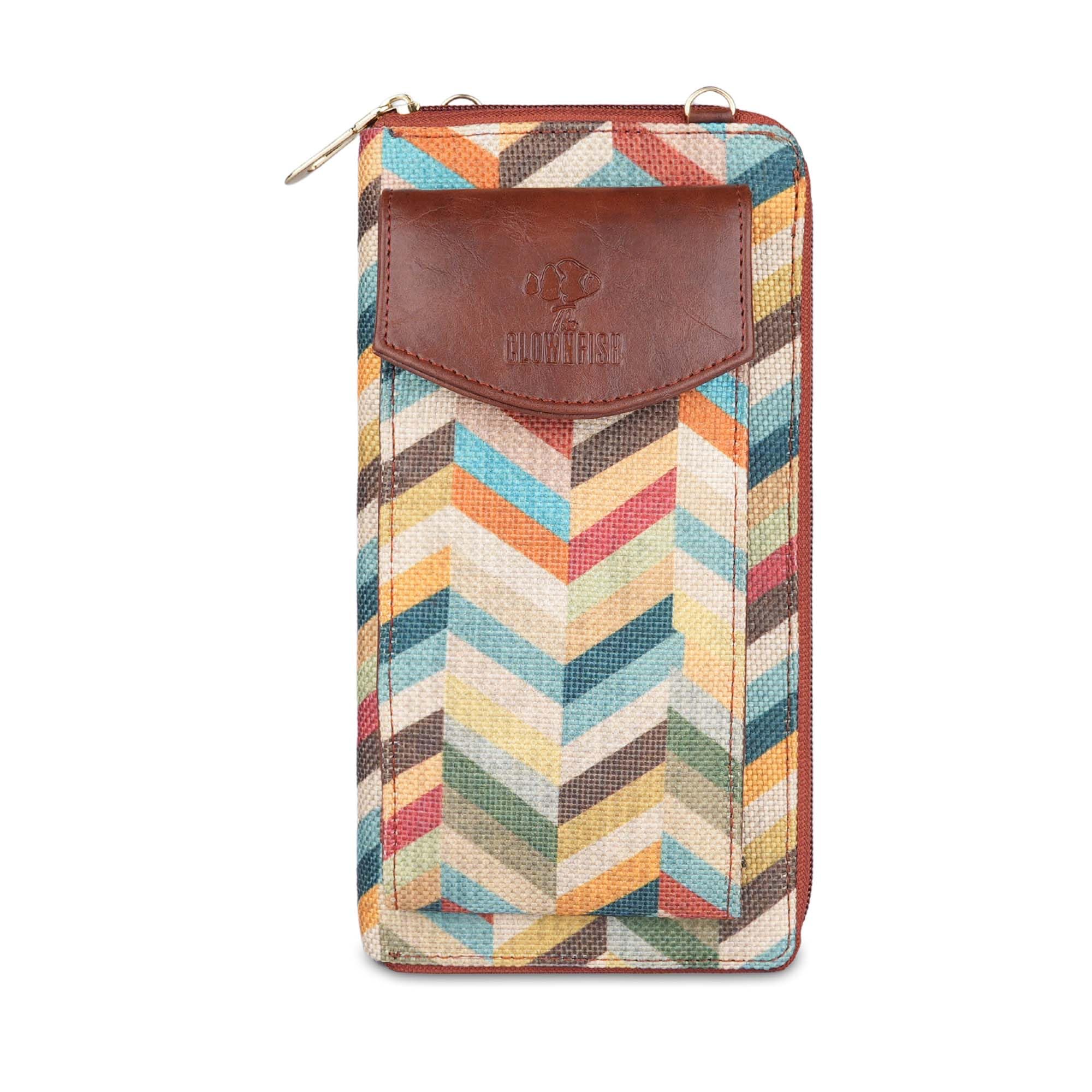 Fashionista Printed Handicraft Fabric & Vegan Leather Ladies Wallet Sling Bag with Front Mobile Pocket (Multicolour-Wave Design)