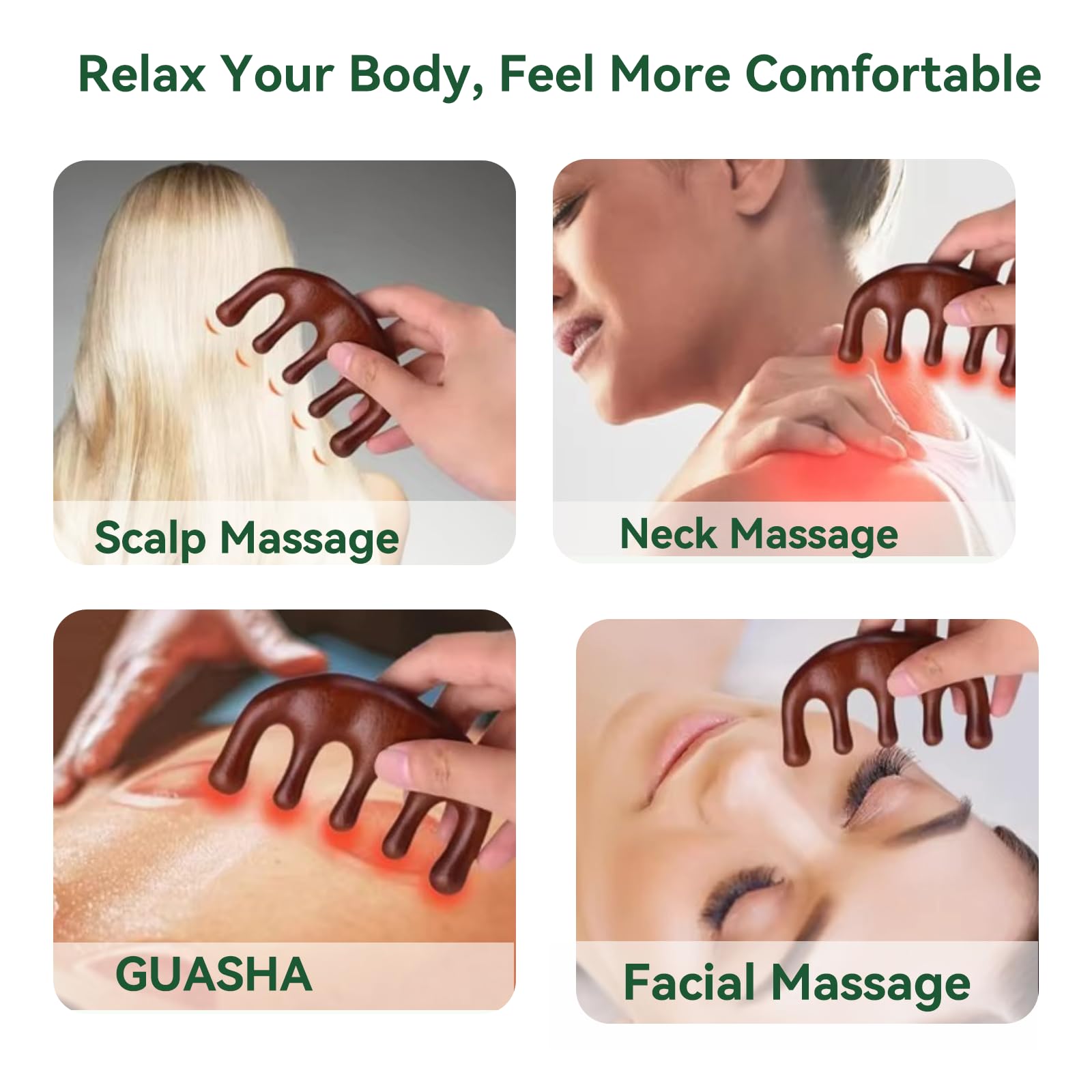 Pettine Gua Sha in legno di sandalo verde naturale, strumento per massaggio viso, cuoio capelluto e corpo, strumento per massaggio manuale multipunto e punto di pressione, regalo per rilassamento e