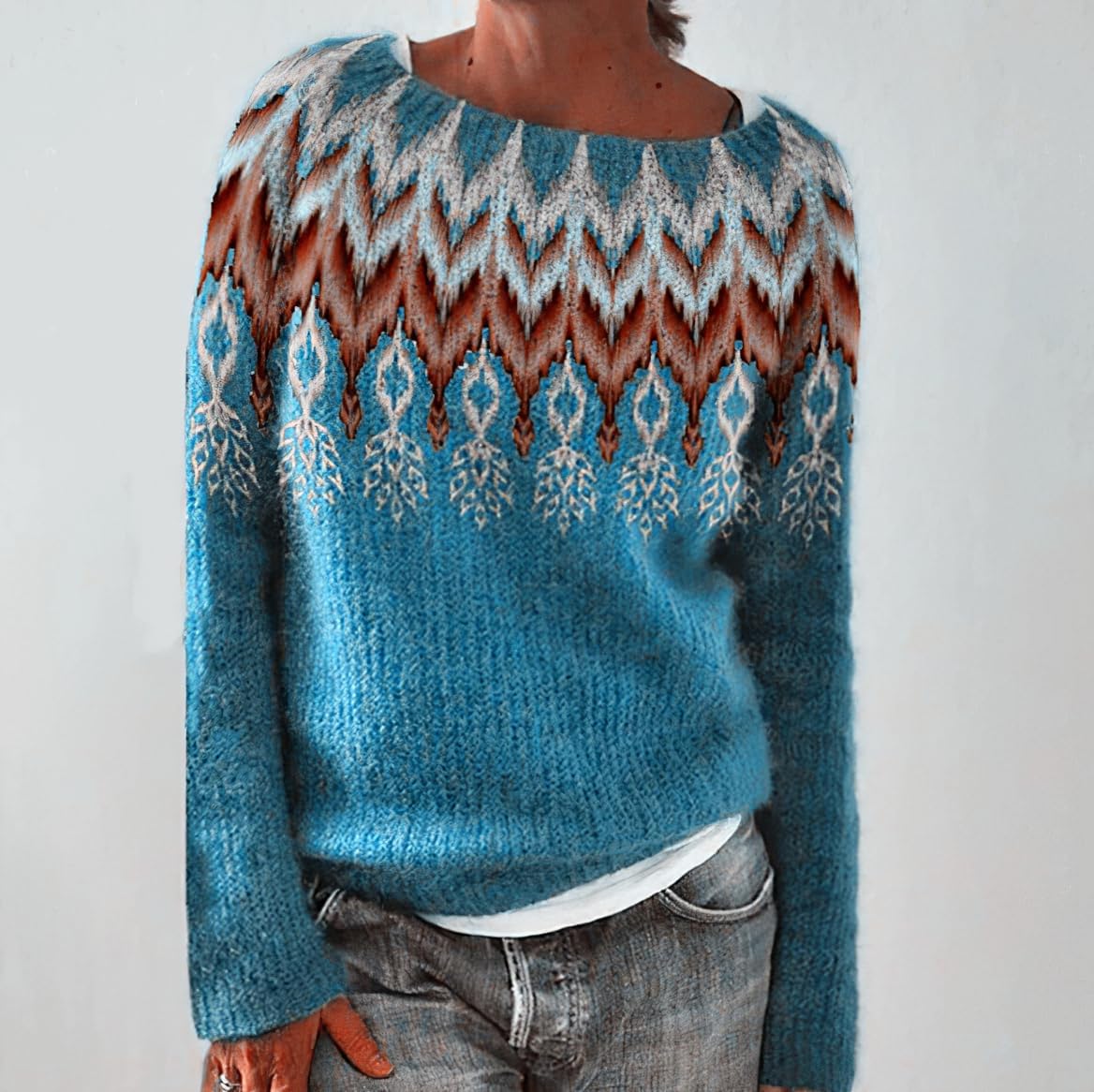 Women's Fair Isle Knit Pullover Sweater Oversized Casual Loose Crewneck Vintage Striped Long Sleeve Jumper Tops - Image 2
