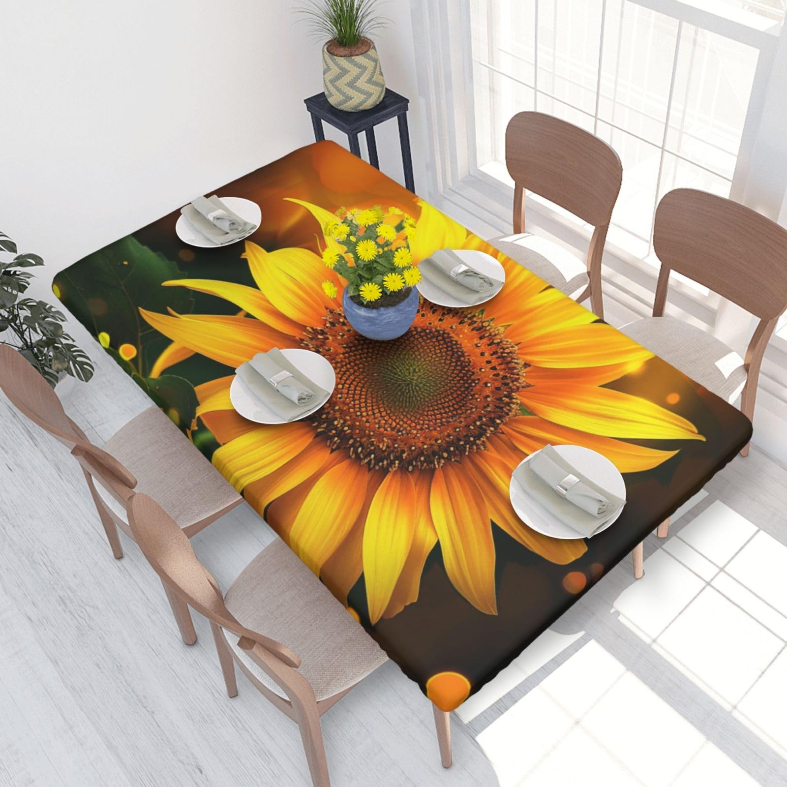WPUTY Orange Sunflower Wallpaper Print Table Cover with Elastic Edged - 4FT Water Resistant Kitchen Dining Party Picnic Tablecloth, Decorative Fabric Table Cloth 122x76 CM