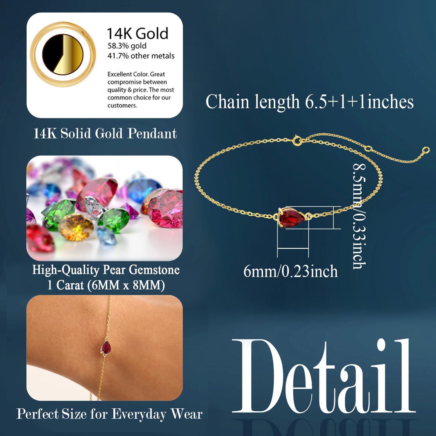 14k Gold Pear Gemstone Bracelet for Women,6MM*8MM Pear-cut Created Birthstone Anniversary Birthday Mother's Day Bracelets Jewelry for Mom Her 6.5''+2''