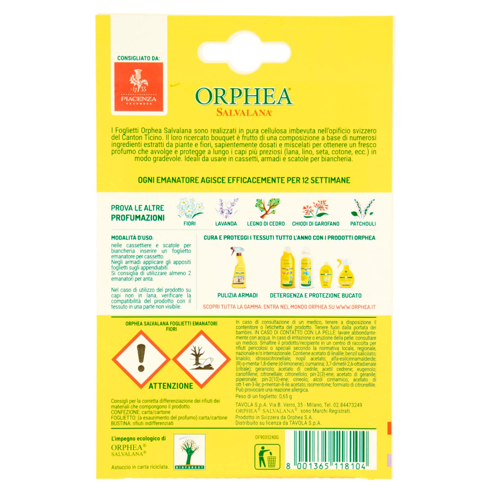 Orphea Salvalana Foglietti per Cassetti e Armadi Protegge Lana e Fibre Naturali Profumo di Fiori 144 Foglietti