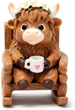 Coffee Highland Cow Figurine for Book Shelf Desk Decor, Highland Cows Themed Gifts for Women, Resin Figures for Table Coffee Bar Kitchen Home Decorations Accents Rest