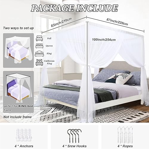 Miniatura 6 de South to East Cortinas de cama blancas con dosel, toldo de 4 postes esquineros para niñas y adultos, cortinas de cama de lujo para decoración de