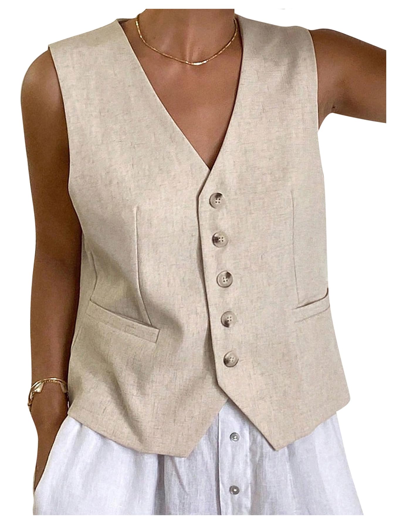 GORGLITTER Womens Button Down Linen Vest Sleevless V Neck Dressy Suit Vests Blazer