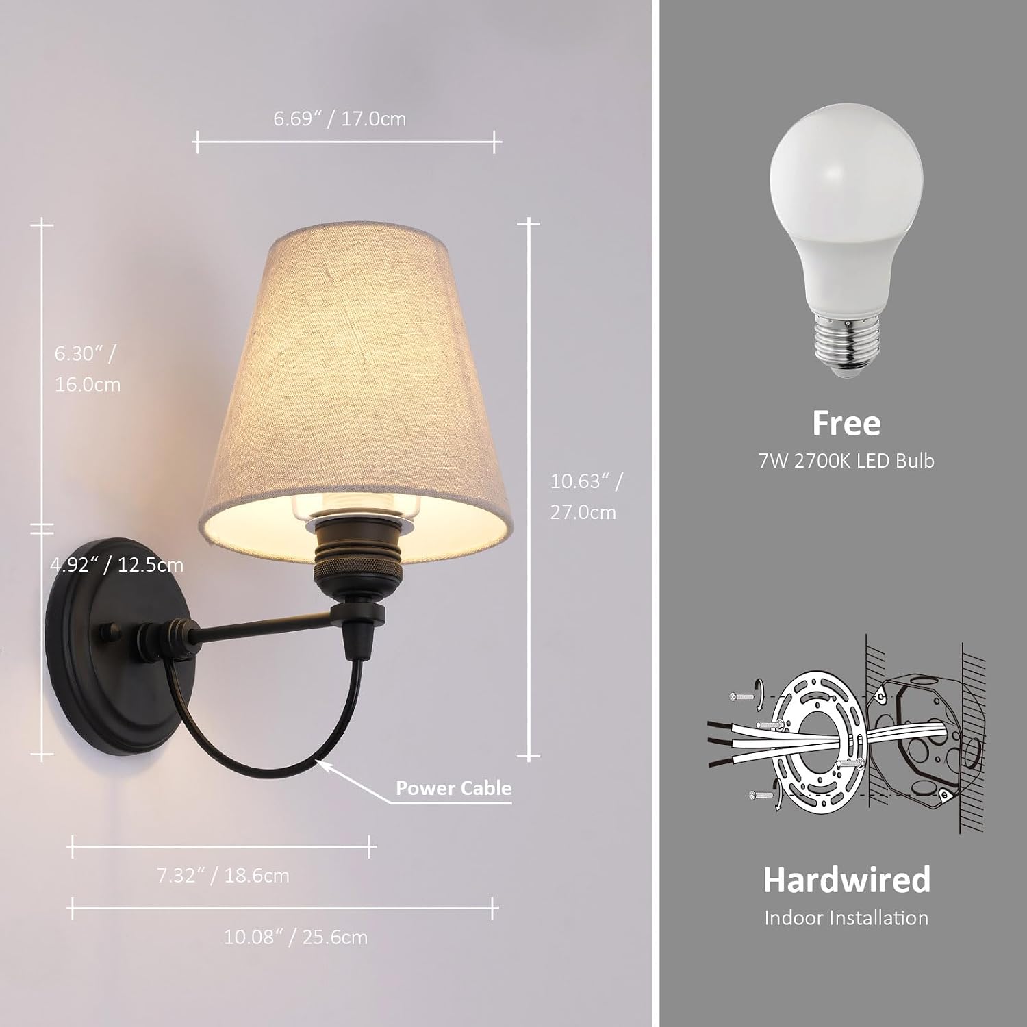 Retro Wall Sconces Hardwired 1-Light, Classic Retro Linen Shade Boho Wall Lamps for Bedroom, Lights for Room Decor, Stairwell, Fireplace, Vanity, Bathroom, Kitchen, Included Bulb (Black)
