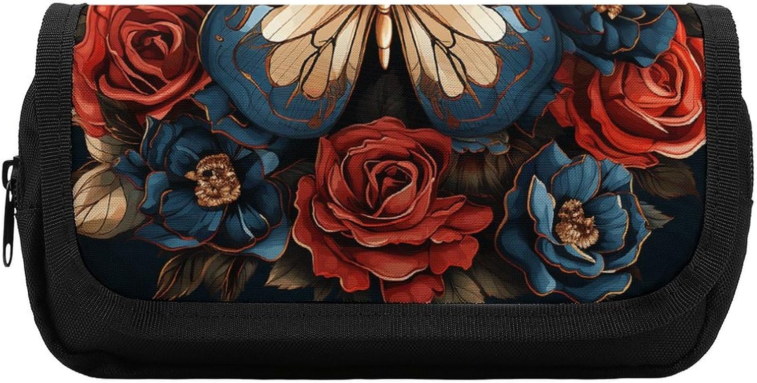 Pencil Pouch Butterflies And Roses Pencil Case for Men Women Cosmetic Bag Aesthetic Pen Bag for Office Multifunctional Bags Marker Pen Case