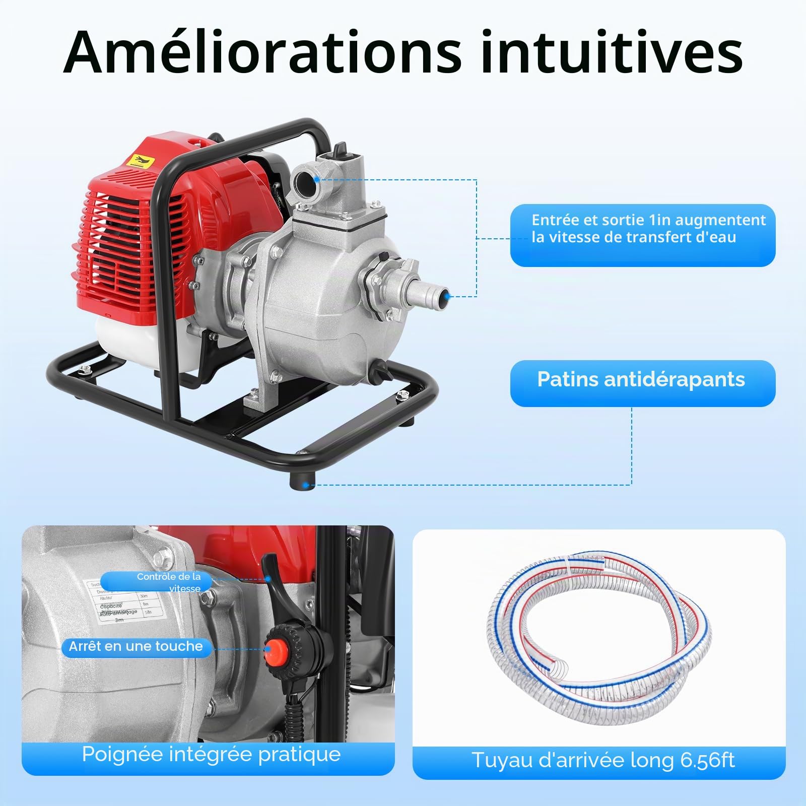Pompe à eau à essence 43 cc, moteur 2 temps de 1,7 CV, pompe à eau portable de 1,25 kW, débit 10 m³/h, hauteur de refoulement max. 30 m, 8500 tr/min