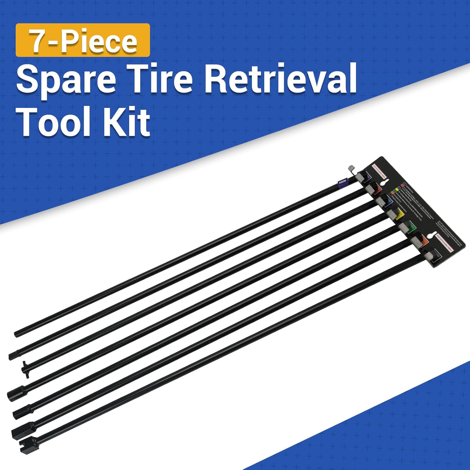 7-Piece Spare Tire Retrieval Removal Tool Kit, Lower and Raise Cradle-Suspended Tires, Includes Flat, Pin, Hex, 12-mm Square, Slotted, ⅜-inch Square Heads Replace 96090A