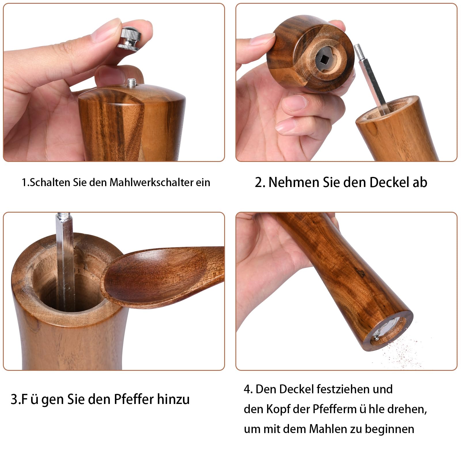 Macinapepe E Sale In Legno Di Acacia 21,6 Cm - Macinino Manuale Con Macinatura Regolabile E Ricaricabile, Design Elegante Per Cucina - 3