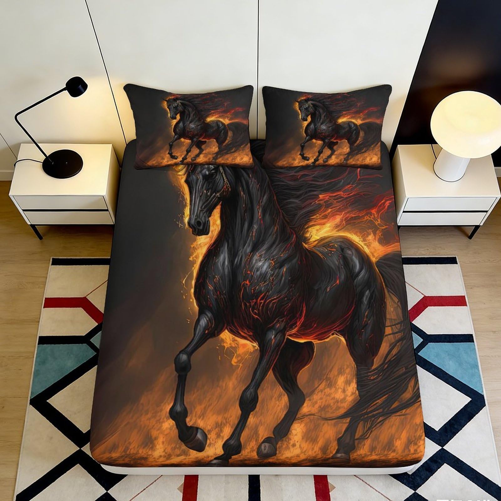 Pnayamiorkfel Style-4 3D Printed Fiery Black Horse Fitted Sheet Microfiber Soft Bedroom Decor Flame Stallion Bed Cover For All Ages 90X200x25cm