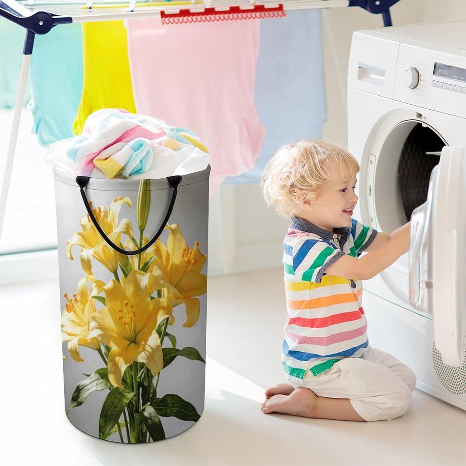 Yellow Lilies Laundry Hamper with Handles Waterproof Collapsible Laundry Basket Large Lightweight Round Dirty Clothes Hamper for Home Dorm Bathroom Decor
