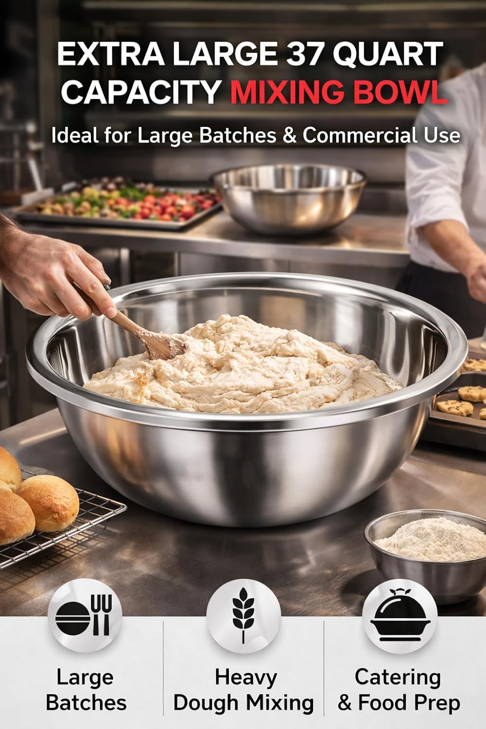 70cm Extra Large Stainless Steel Mixing Bowl, 37 Quart, Heavy Duty, Commercial Grade, Smooth Edge Design, Dishwasher Safe, Restaurant bowl