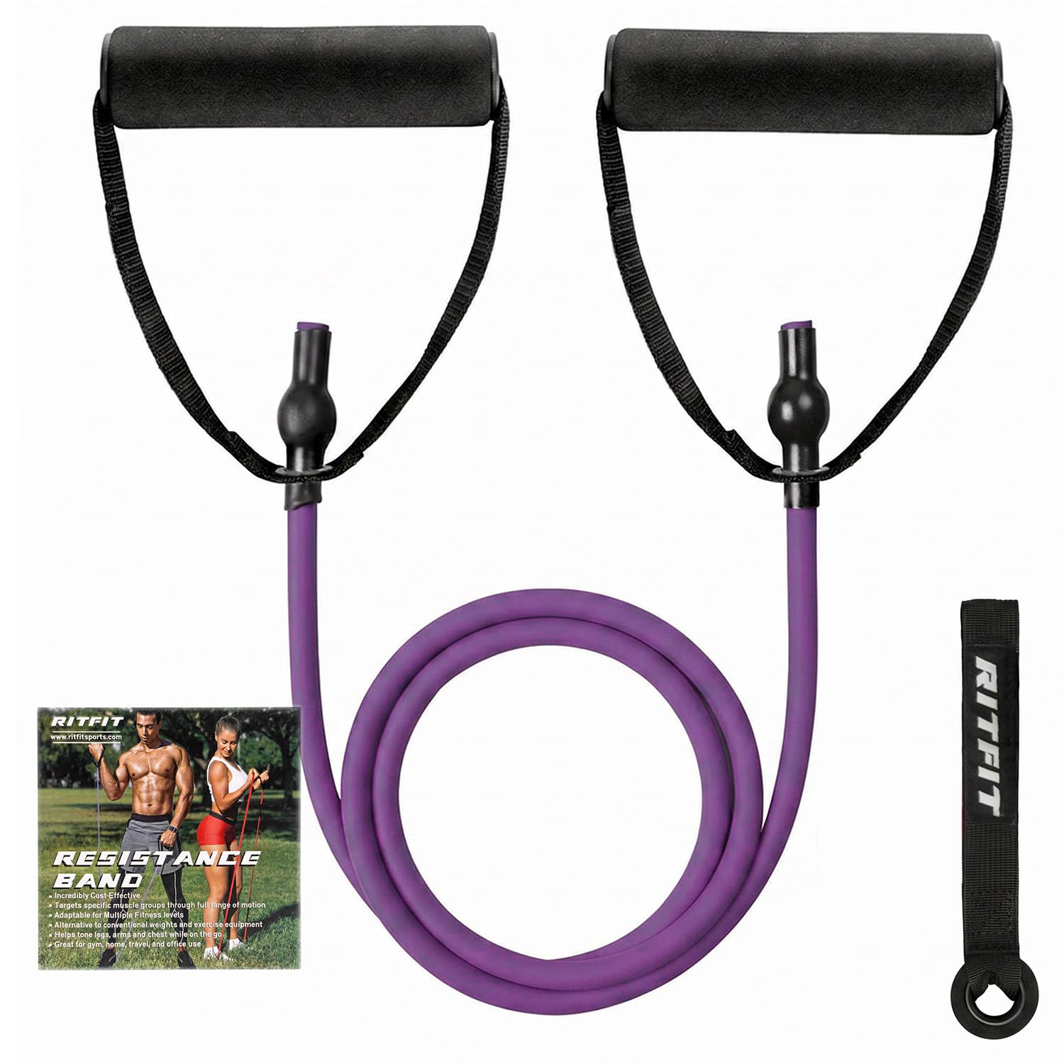 RitFit Widerstandsband mit bequemen Griffen – ideal für Physiotherapie, Krafttraining, Muskelaufbau – Türanker und Starteranleitung (lila)