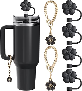 6 Pcs Set Compatible with Stanley Cup Accessories, 4 Black Flower Straw Toppers Compatible with Stanley Straw Cover 9-10 mm, 2 Cute Flower Charms for Tumbler with Handle