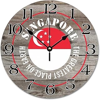 Guangpat Singapore National Flag Wall Clock The Greatest Place On Earth Wooden Wall Clocks Battery Operated 12 Inch Desk Clock Rustic Home Decor for Kitchen Living Room Bedroom Office