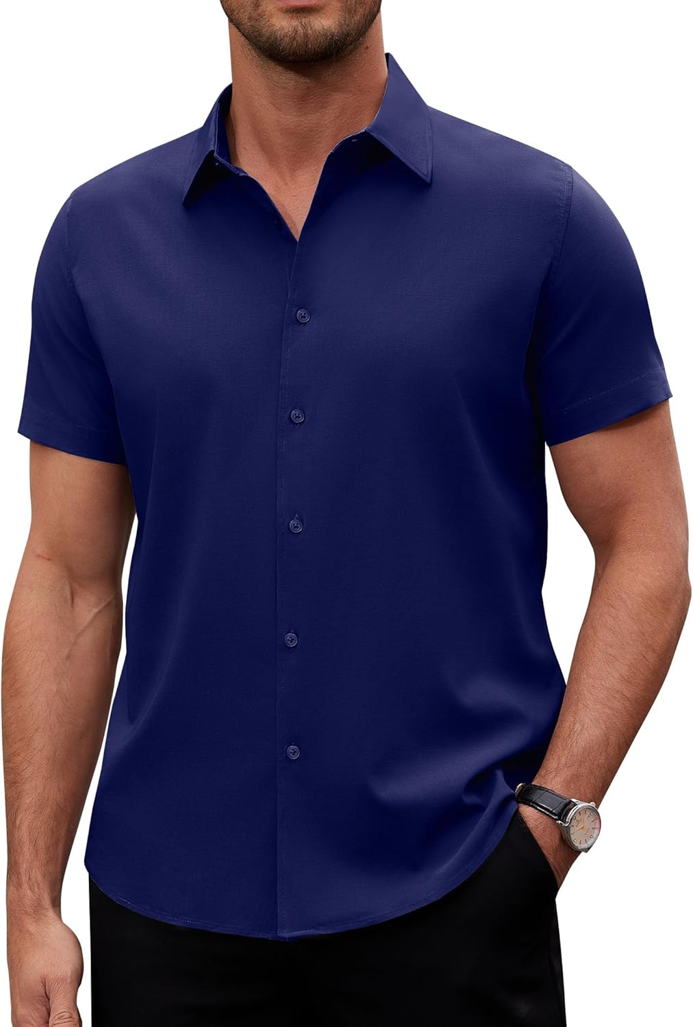 Alimens & Gentle Men's Short Sleeve Dress Shirts Stretch Regular Fit Shirt Casual Button Down Business Shirts