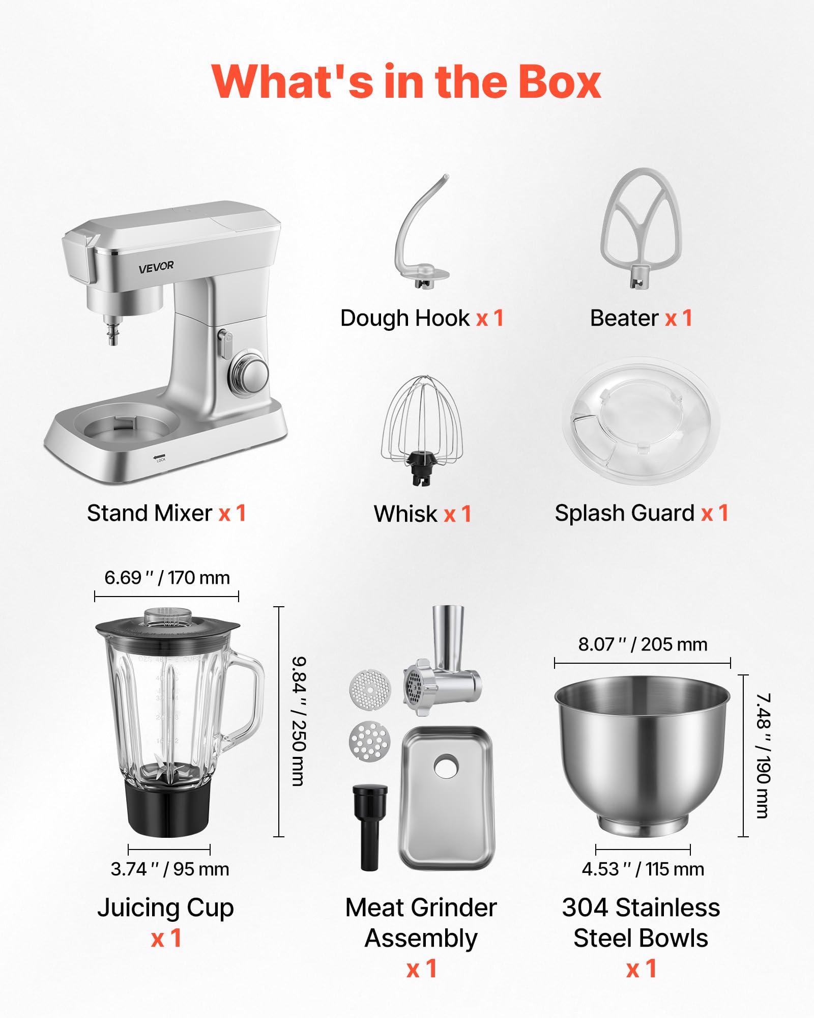 VEVOR Robot Pâtissier et Culinaire 4,3 L, Batteur sur Socle 1300 W avec Fonction Hachoir à Viande et Blender de 1,5 L, Batteur Mixeur 6 Vitesses avec Pulse, Bol en Inox, Mélange Fouettage Pétrissage