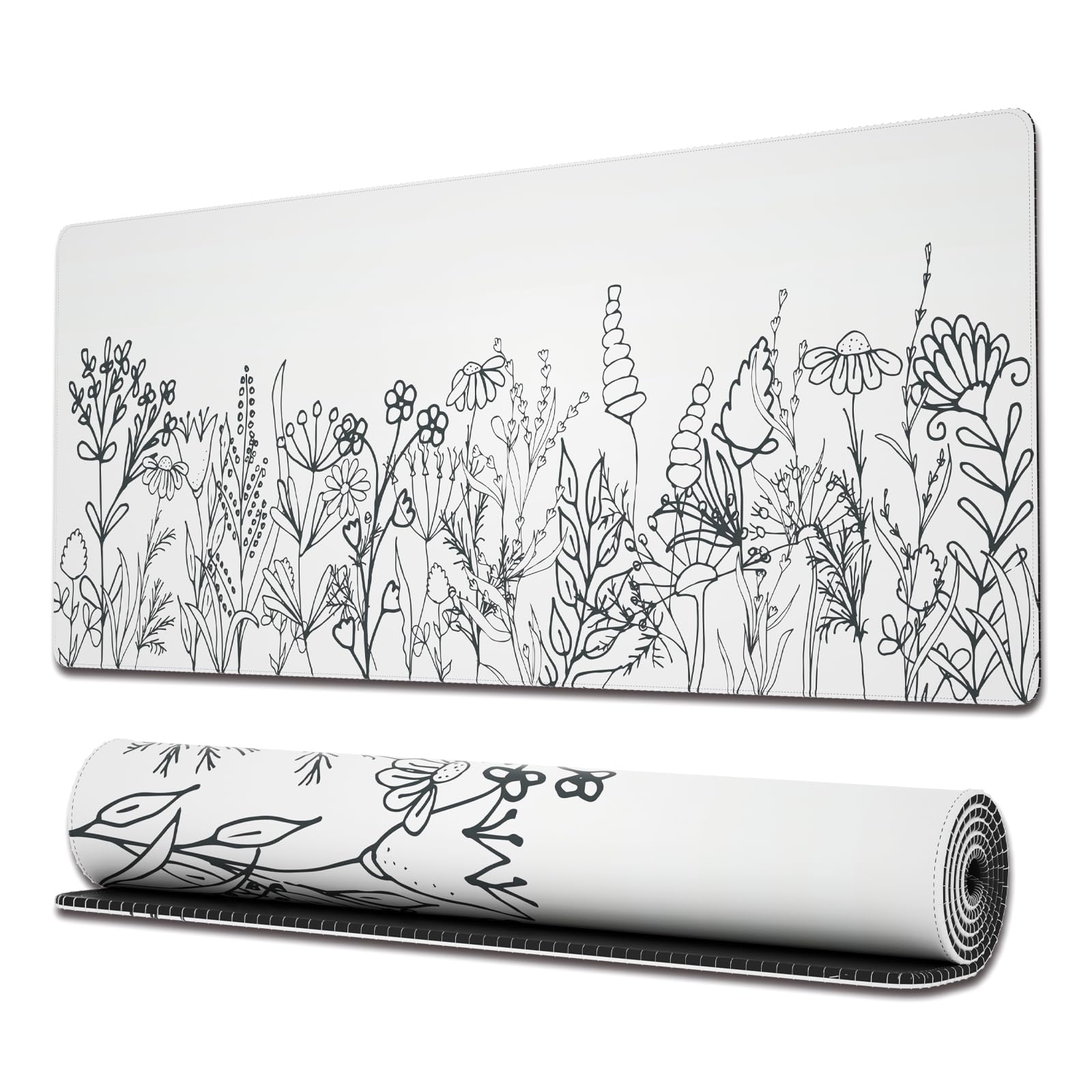 Ovenbird Gaming Mouse Pad with Stitched Edges, Boho Minimal Flowers Mouse Pad, Extended XL Mousepad with Anti-Slip Base, Cute Large Mouse Pad for Desk, 31.5 x 11.8 in, White