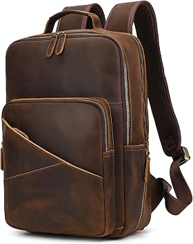 Vintage Full Grain Leather Backpack for Men, 16" Laptop Rucksack For Men Hiking Trave Work Business Bag, Brown