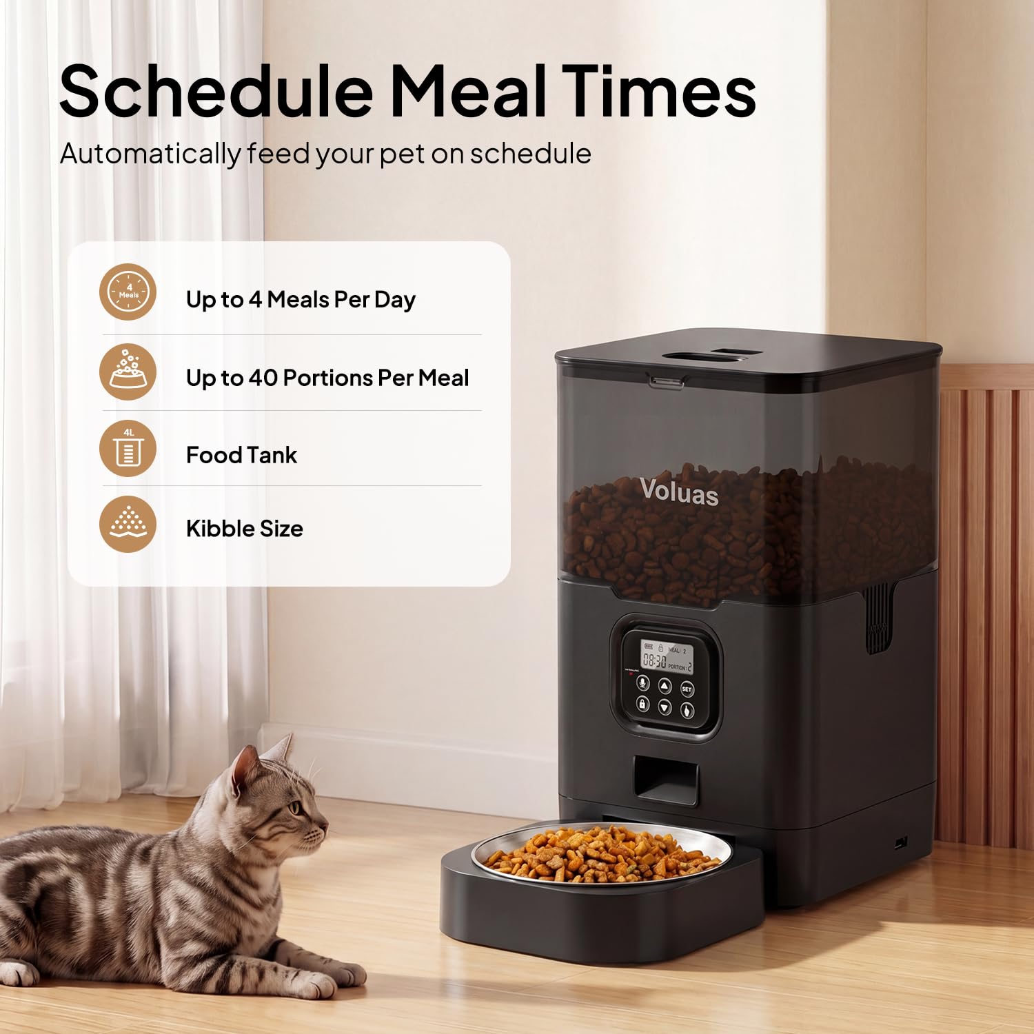 VOLUAS Cat Dry Food Dispenser with Timer, Automatic Cat Feeders with Desiccant Bag, Programmable Portion Size Control 4 Meals Per Day, 10s Voice Recorder - image 2