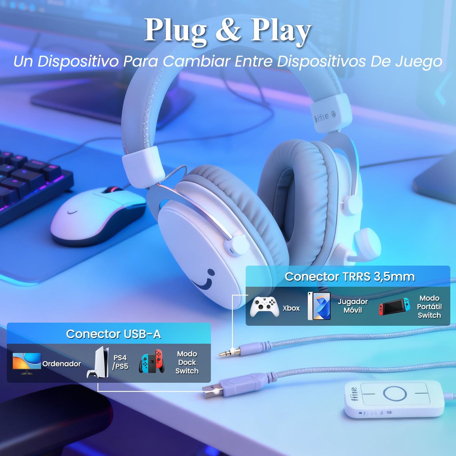 FIFINE Auriculares con Cable y Microfono, Over Ear Auriculares Gaming PC PS4 PS5 Xbox Switch con 7.1 Sonido Envolvente, Almohadillas Blandas para Los Oídos