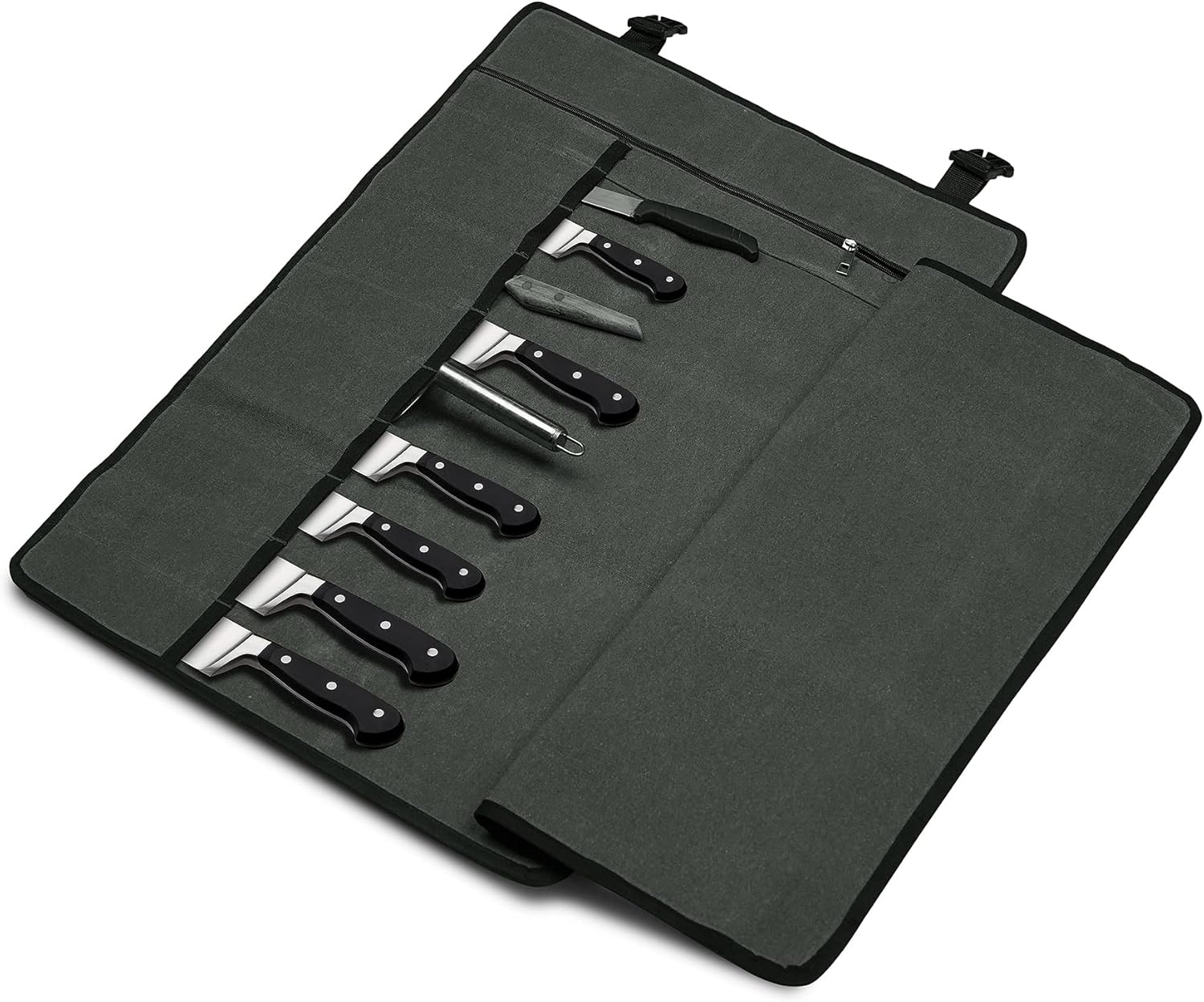 Zuperia Chef’s Knife Roll Bag, Waxed Canvas Knife Cultery Carrier, Portable Chef Knife Cases, Knife Pouch Holders-10 Slots & 1 Zipper Pocket- Hold Home Kitchen Knife Tools Up To 18.8” (Grey): Home & Kitchen