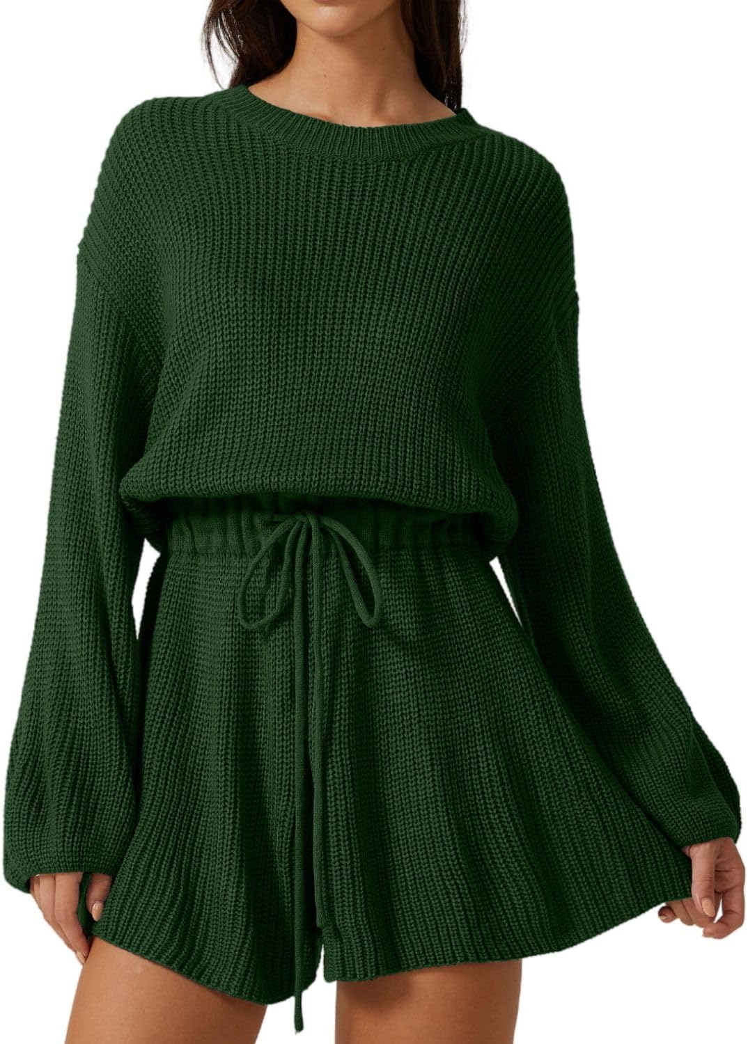 Meyeeka Knit Romper for Women Long Sleeve Wide Leg Sweater Casual Loose Drawstring Short Jumpsuit