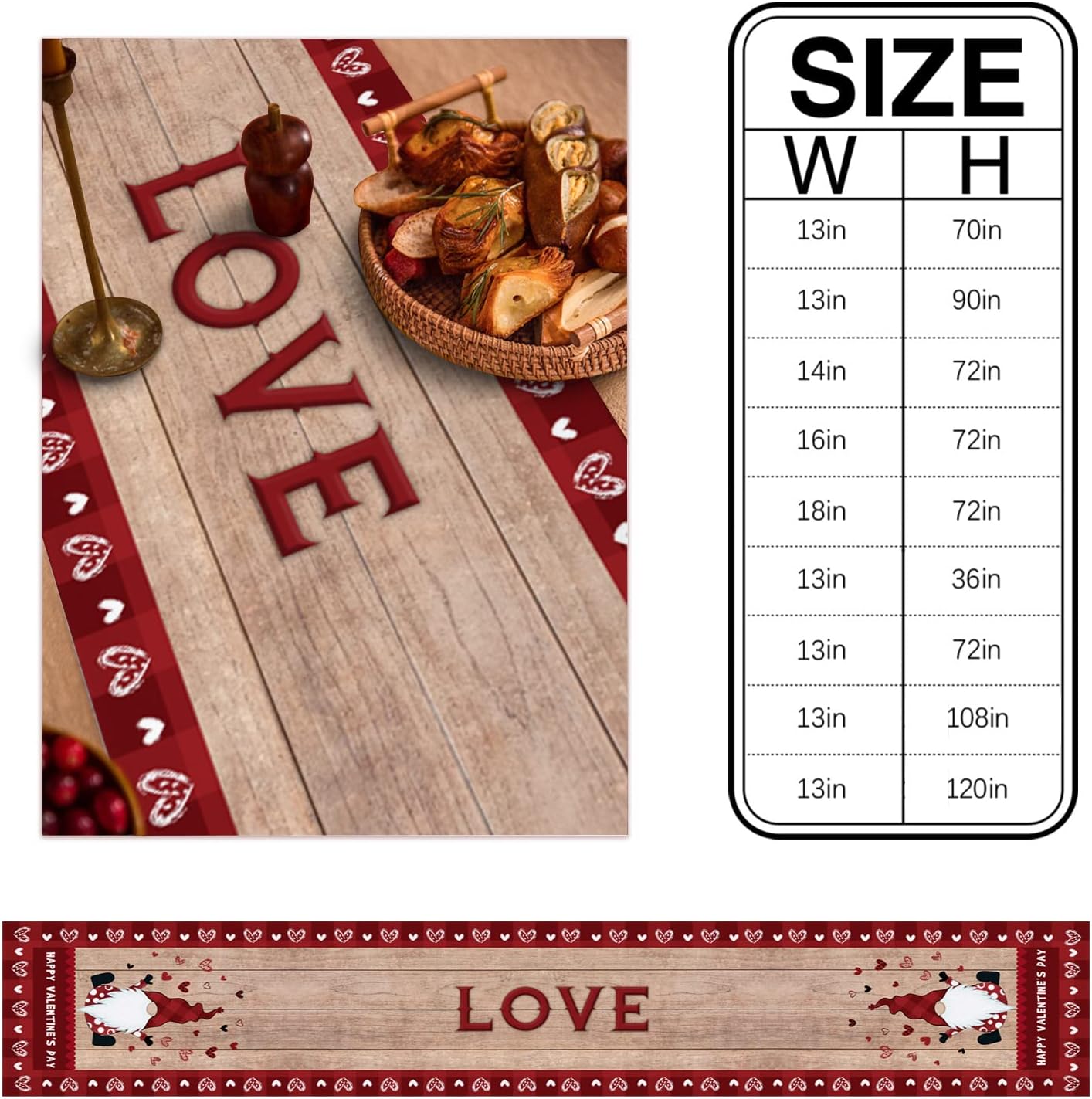Valentines Day Table Runner,Happy Valentine's Day Cute Gnome Wood Plank Farmhouse Table Decor,Dining Table Runners for Party Decoration,13x90 Inch