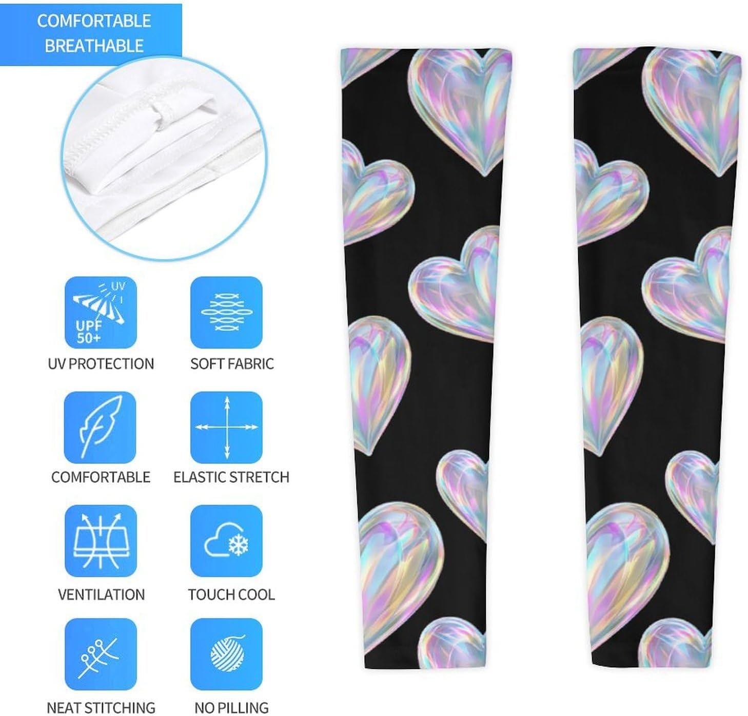 Laser Rainbow Heart Arm Sleeves Cooling Sun Protection Sports Compression for Golf Basketball