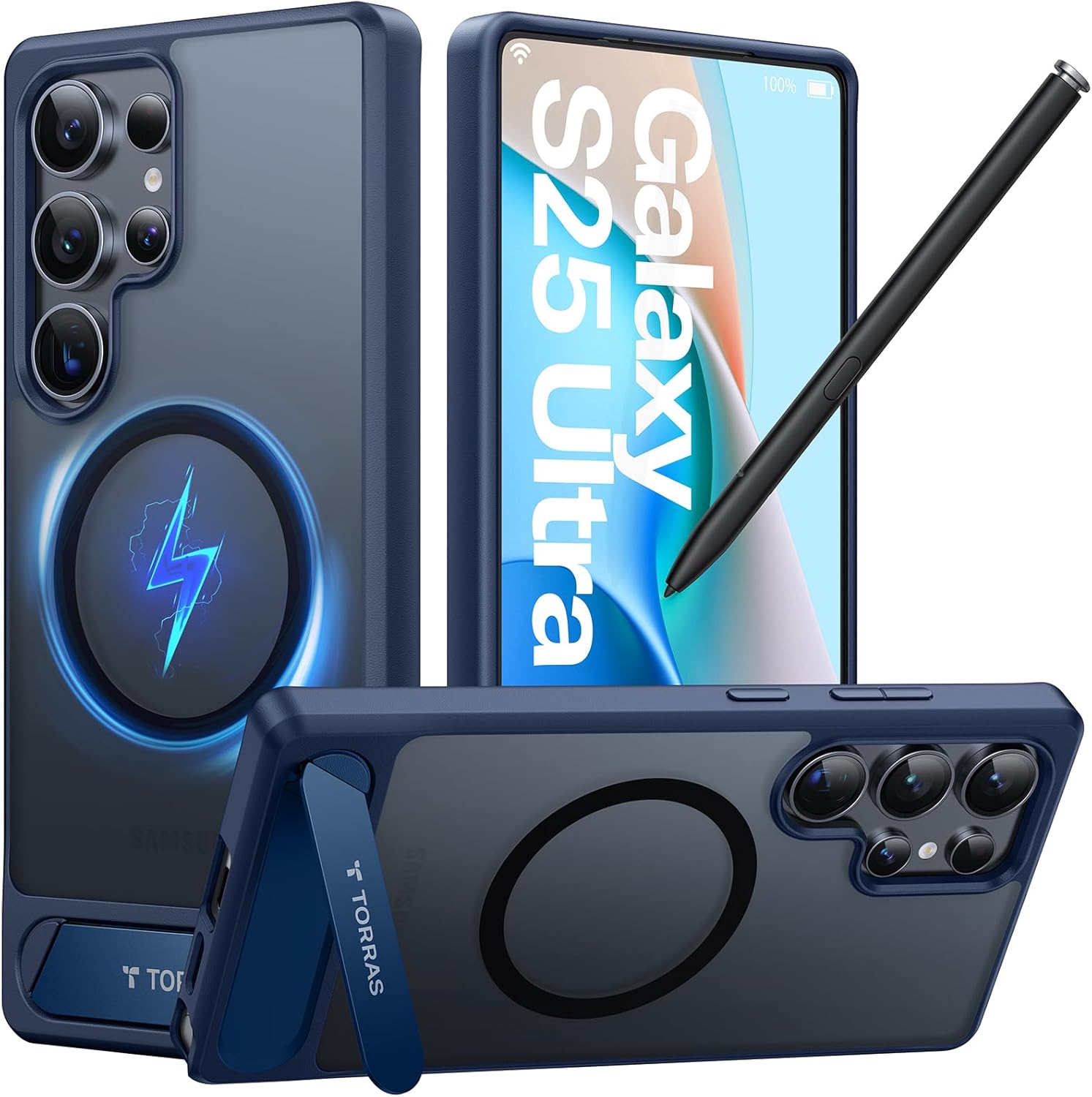 TORRAS Strong Magnetic & Seamless Stand for Samsung Galaxy S25 Ultra Case, Fit for MagSafe, Mil-Grade Drop Protection, Kickstand for Samsung Galaxy S25 Ultra Case, Translucent Back/Blue Edge for Galaxy S25 Ultra Navy Blue