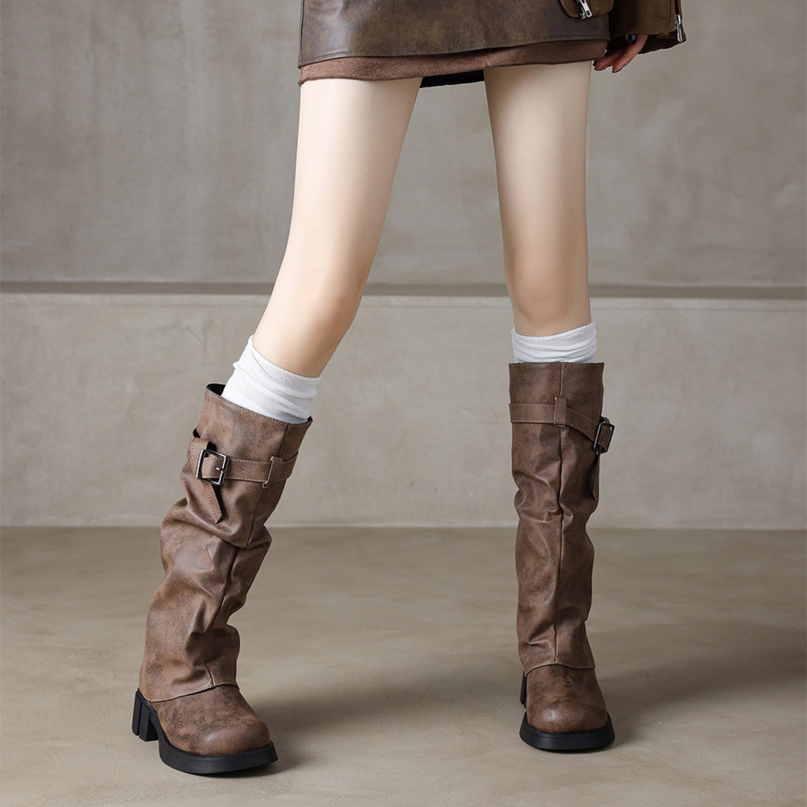 Bottes western pour femme - Bout rond - Bottes hautes pour femme - Bottes de cowboy avec boucle - Bottes longues en daim - Bottes à enfiler - Bottes gothiques punk à plateau